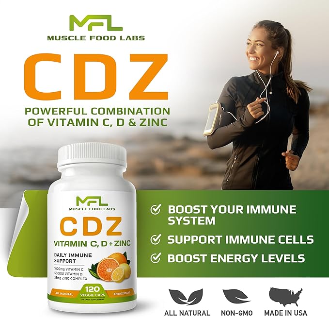 | C D Z | Vitamin C 1000mg | Vitamin D3 125mcg | Zinc 25mg | Non-GMO &amp Gluten Free | 120 Vegetarian Capsules | 120 Servings