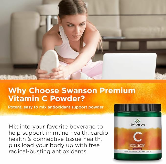 Swanson Vitamin C Powder 100% Pure Ascorbic Acid Immune System Support Skin Health Cardiovascular Health Antioxidant Supplement 1000 mg (per Serving) 1 lb. 454 g (3 Pack)