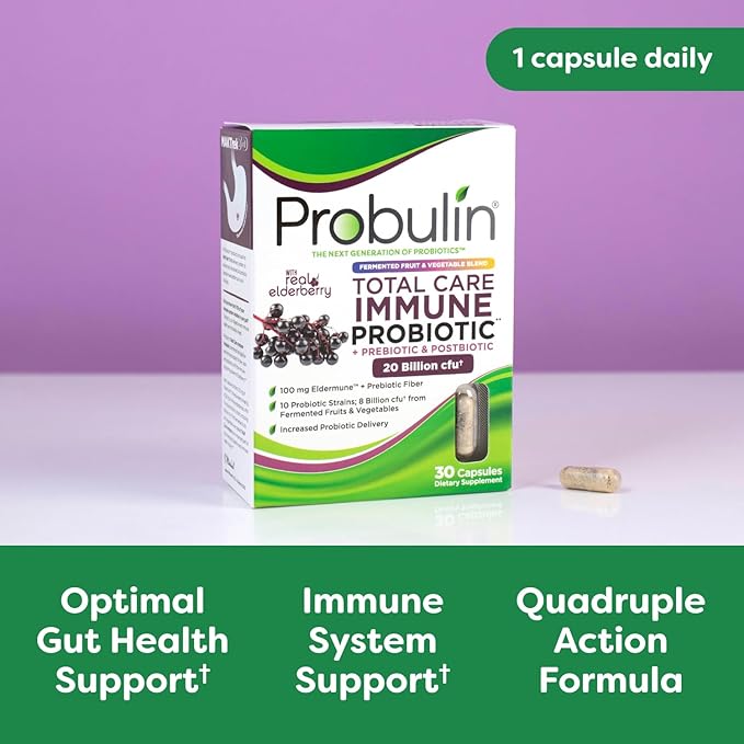 Probulin Total Care Immune = Prebiotics + Probiotics + Postbiotics + Elderberry to Support Immune &amp Gut Health - 20 Billion CFU - 10 Strains - 30 Vegan Capsules (Pack of 3)