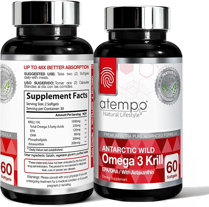 Antarctic Krill Oil 1000mg Rich in Omega 3 Healthy Fatty Acid Extra Strength EPA &amp DHA with Natural Astaxanthin Heart &amp Brain Health Superior Absorption 60 Small softgels. No Aftertaste or R