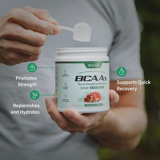 Snap Supplements BCAA Powder - 5g Vegan Branched Chain Amino Acids (2:1:1 Leucine Isoleucine Valine) + Essential Amino Acids with Nitric Oxide Booster 30 Servings Pomegranate Watermelon