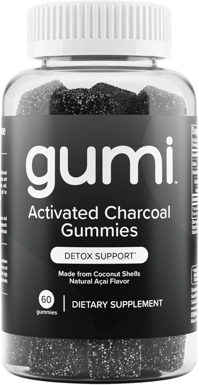Gumi Nutrition Coconut Activated Charcoal Gummies - Charcoal Supplements for Detox Oral Health &amp Gut Health - 200mg Gummy Vitamin - Gluten Free Vegan &amp Non GMO - Natural Açaí Flavor (60 Coun