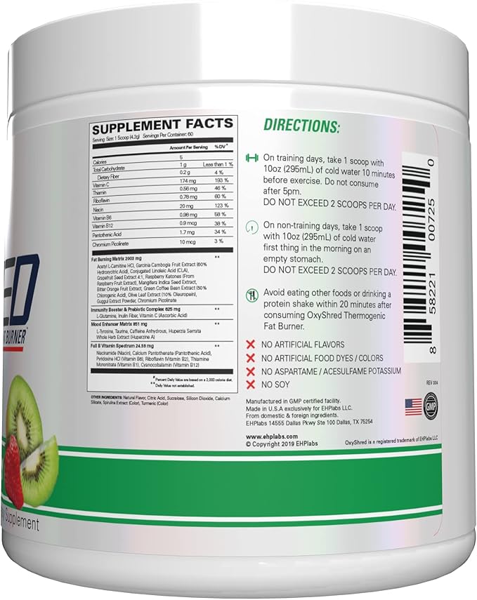 EHP Labs OxyShred Pre Workout Powder - Preworkout Powder with L Glutamine &amp Acetyl L Carnitine Energy Boost Drink - Kiwi Strawberry 60 Servings