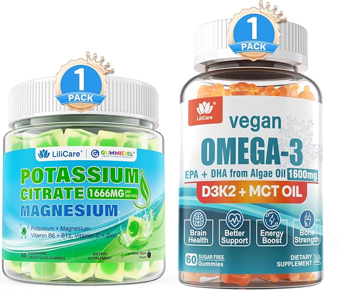 LILICARE Vegan Omega3 Gummies Potassium Citrate Gummies 1666mg for Adults 2 Pack