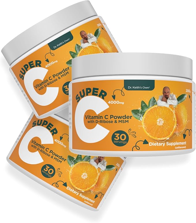 Dr. Keith's Own Super C - High Dose 4000mg Buffered Vitamin C Powder with D-Ribose Glycine MSM - Highly Absorbable Stomach-Friendly Daily Immune Support - Unflavored 200 Grams Each (3 Pack)