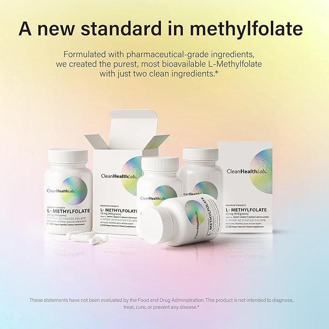 CleanHealthLab L-Methylfolate 15mg 5-MTHF Active Folate - Maximum Potency Methylated Vitamin B9 Supplement - Support for Brain Health Energy Nerves and Methylation with No Fillers (120 Count)