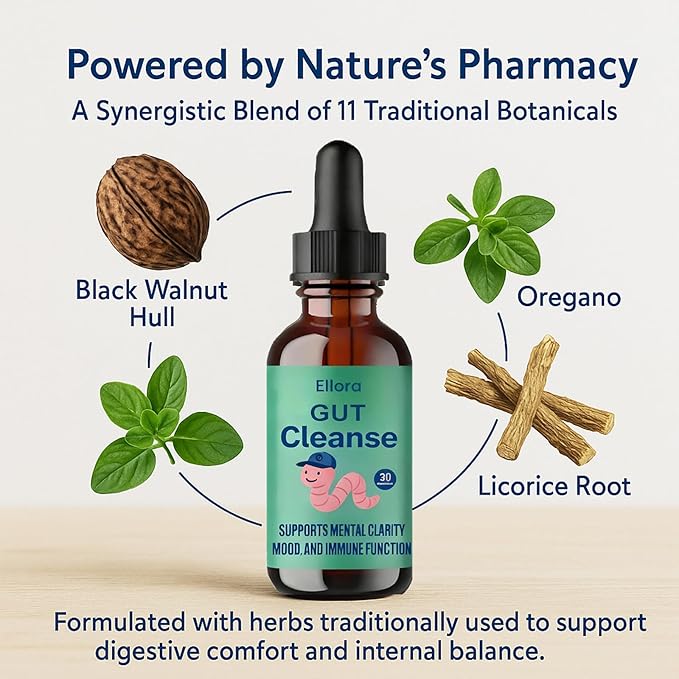 ELLORA Gut Cleanse Liquid Drops – 11 Natural Ingredients Including Black Walnut Hull Oregano &amp Licorice Root – Supports Digestive Balance Gentle Cleanse &amp Immune Support (2)
