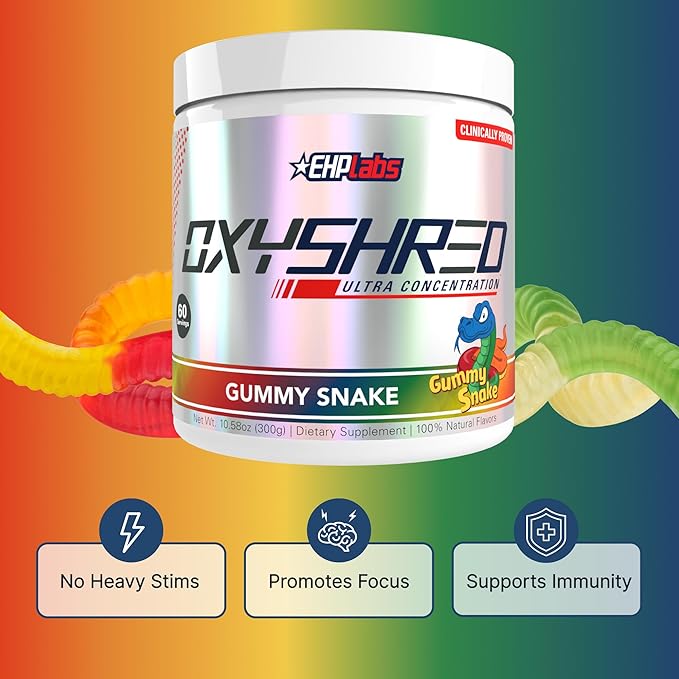 EHP Labs OxyShred Pre Workout Powder - Preworkout Powder with L Glutamine &amp Acetyl L Carnitine Energy Boost Drink - Gummy Snake 60 Servings