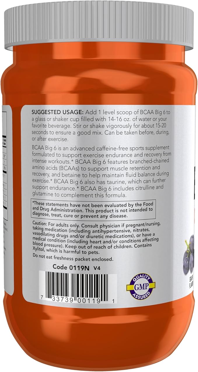 NOW Foods Sports Nutrition BCAA (Branched Chain Amino Acids) Big 6 Grape Flavor 600 Grams