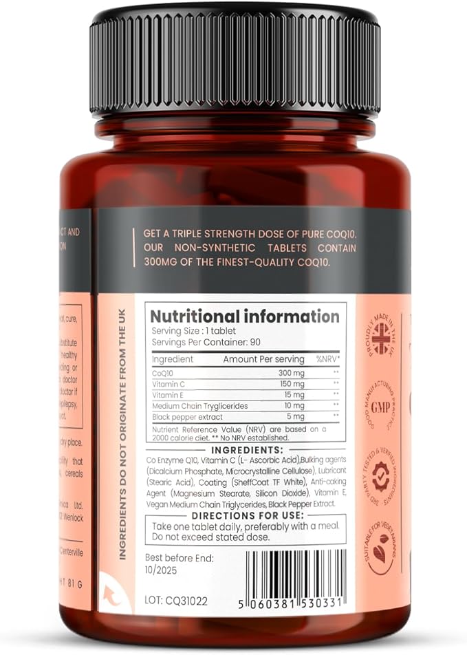 pureclinica Fermented CoQ10 300mg x 90 Tablets. Non GMO USP Grade. with Added Vitamin C and Black Pepper Extract for Absorption.