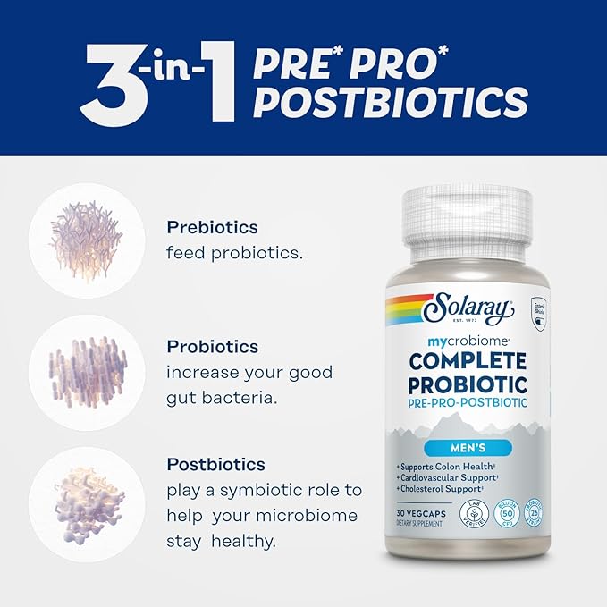 SOLARAY Mycrobiome Complete Probiotic Men's Formula - Pre and Probiotics for Men Plus Postbiotic - Digestive Health and Immune Support - 50 Billion CFU 26 Strains - Vegan - 30 Servings 30 VegCaps
