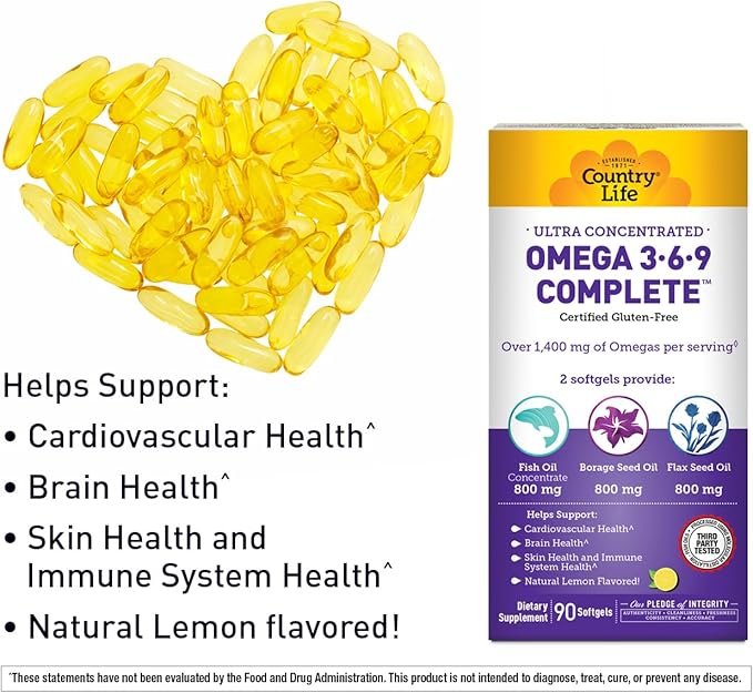 Country Life Omega 3-6-9 Complete Supplement - 1534mg Omega Fatty Acids - Supports Cardiovascular Brain Skin &amp Immune Health - Certified Gluten Free Non-GMO - 90 Softgels