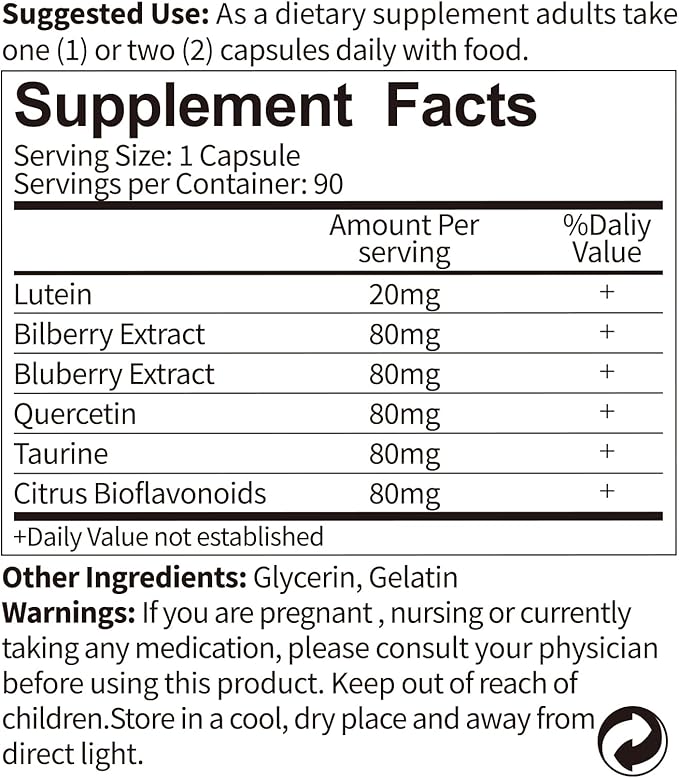 Vision Plus Eye Vitamins with Lutein 20mg Bilberry &amp Blueberry Extract - Key Antioxidants for Eye Health Support - 90 Capsules Non-GMO