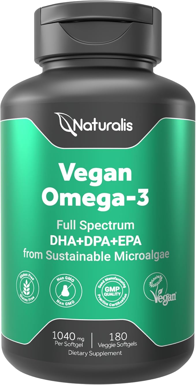 Naturalis Double Strength Vegan Omega 3 DHA EPA &amp DPA from Microalgae | Vegan Society Certified Sustainably Sourced True Full Spectrum | 180 Veggie Softgels (Carrageenan Free)
