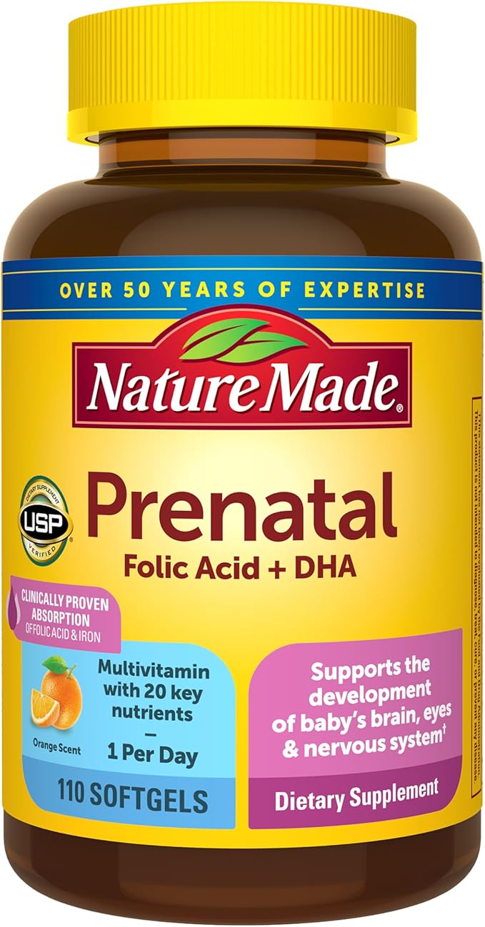 Nature Made Prenatal Vitamins for Women with Folic Acid + DHA Prenatal Vitamin and Mineral Supplement for Daily Nutritional Support 110 Softgels 110 Day Supply