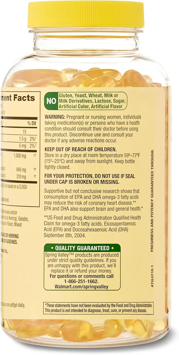 Spring Valley Omega-3 Fish Oil Soft Gels 1000 mg 180 Count Dietary Supplement Omega-3 Fatty Acids Bundle with Lual's 45 Diabetes Decoded