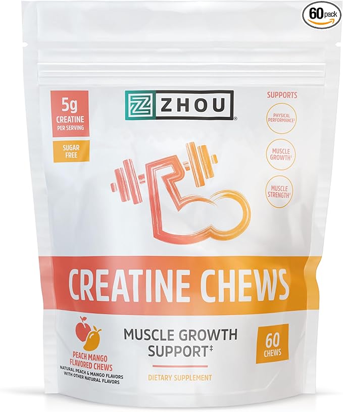 ZHOU Creatine Chews - Creatine Monohydrate Gummies for Men &amp Women with Vitamin B12 Sugar Free Vegan Organic Non GMO 5g Per Serving - Peach Mango Flavor 20 Servings 60 Chews