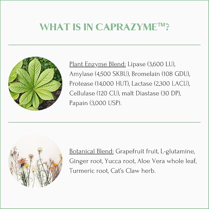 CapraZyme by Mt. Capra | Vegetarian Digestive Enzyme Supplement for Men and Women Amylase Lipase Bromelain Protease with Botanical Blend Grapefruit Ginger and Turmeric | 90 Capsules