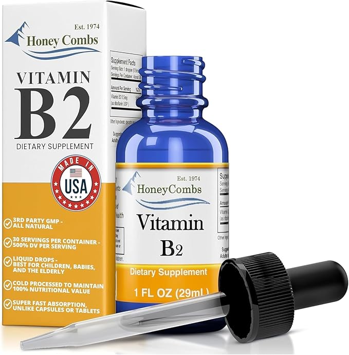 HoneyCombs Vitamin B2 Riboflavin Liquid Drops - Made in The USA - Natural High Potency Fast Absorption Vitamin B2 for Men Women &amp Children - Vegan Formula - Bulk Sizes Also Available