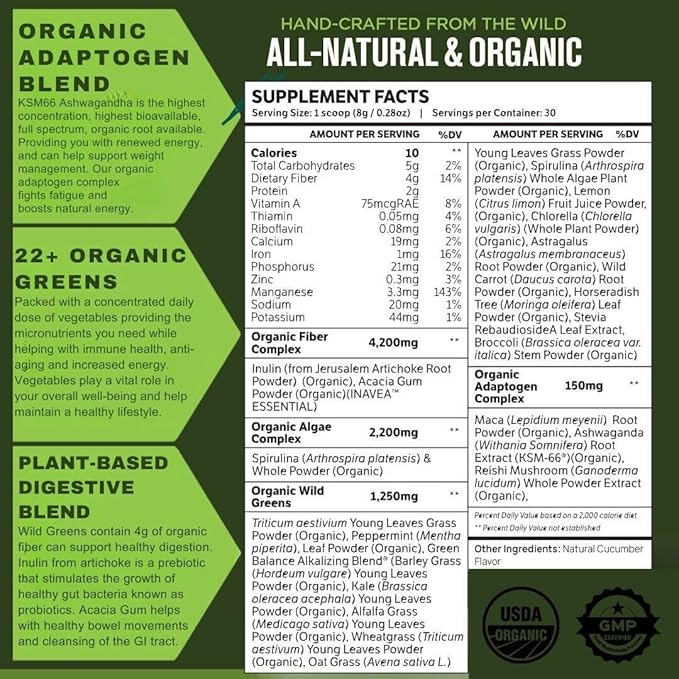 TruWild Greens Superfood Cucumber Powder with 22+ Greens &amp Anti-Oxidants Delicious Green Juice Powder Natural Immune Stress Digestion Support 30 Servings Per Tub (Cucumber Mint)