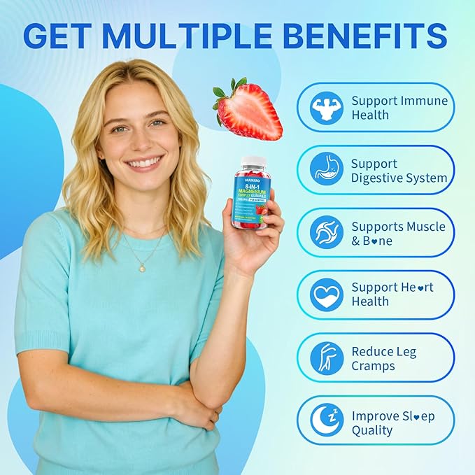 Magnesium Complex Gummies for Women Men 8 in 1 Magnesium Glycinate Citrate Malate Taurate Supports Bones Muscle Nerve Health Sugar-Free Vegan Non-GMO Strawberry Flavor 120 Count