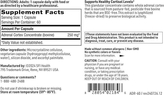 Klaire Labs SFI Health Adrenal Cortex - Targeted Adrenal Support Supplements for Cortisol Health - Purified BSE-Free Lyophilized Extract from Pasture-Fed Bovine (60 Capsules)