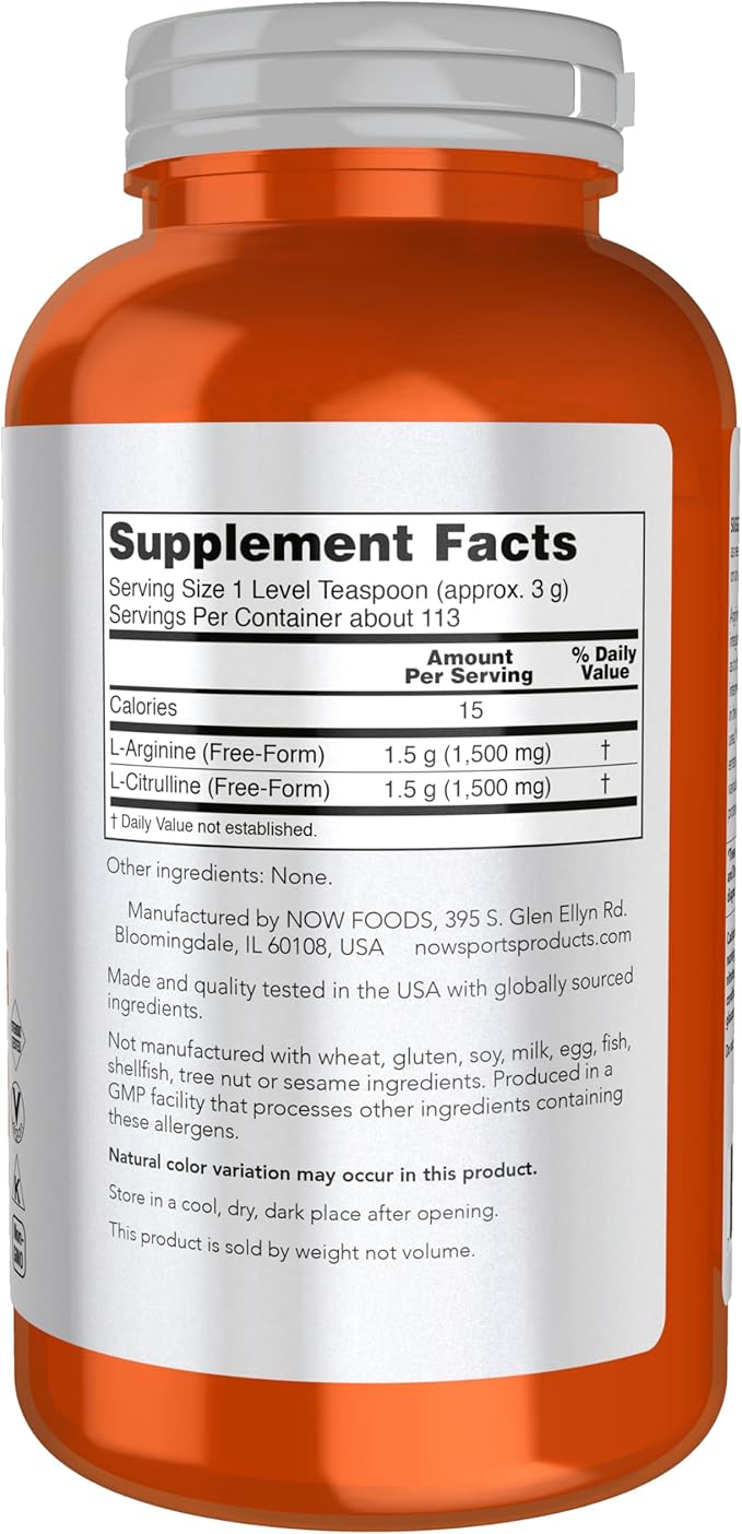NOW Foods Sports Nutrition Arginine &amp Citrulline Powder 1:1 Ratio Amino Acid 12-Ounce