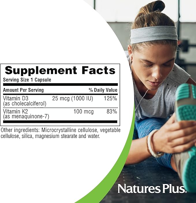 NaturesPlus Vitamins D3 (1000 IU) &amp K2 (100 mcg) - Vegetarian Gluten Free - 90 Capsules 90 Servings