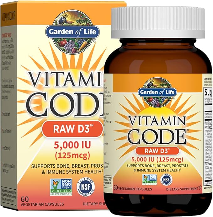 Garden of Life Vitamin D3 5000 IU Raw Whole Food Supplements with Chlorella Fruit Veggies &amp Probiotics for Bone &amp Immune Health 60 Vegetarian Capsules
