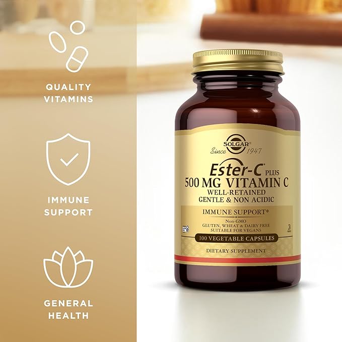 Solgar Ester-C Plus 500 mg Vitamin C (Ascorbate Complex) - 100 Vegetable Capsules Pack of 2 - Antioxidant &amp Immune Support - Non GMO Vegan Gluten Free Kosher - 200 Total Servings