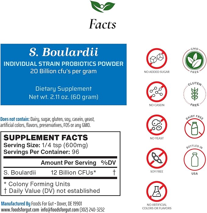 Foods For Gut Saccharomyces Boulardii Probiotic Powder 20 Billion cfu's | No Additives | Digestive &amp Immune Support | High Potency | S. Boulardii | 60 Grams (2.11 Oz)