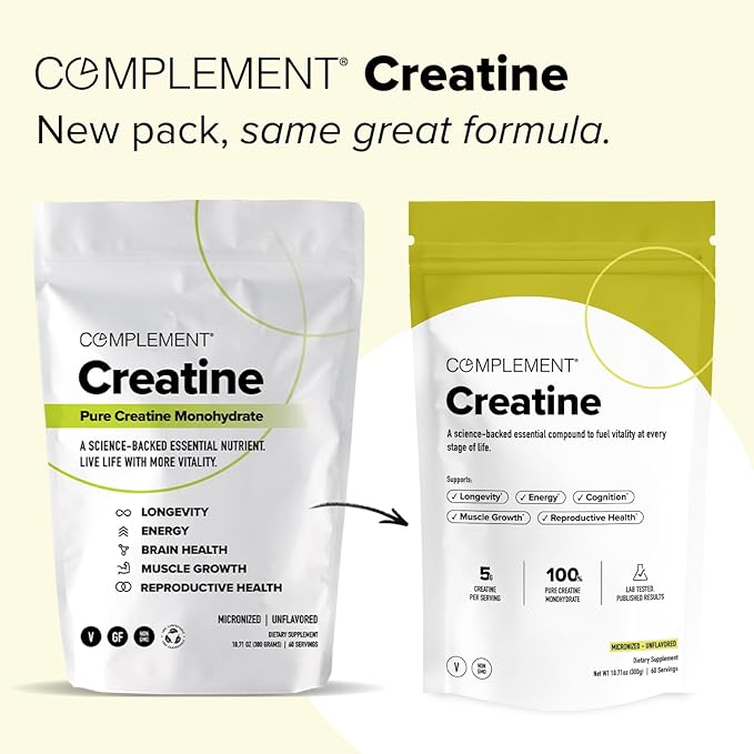 Complement Creatine Monohydrate Micronized Powder - Pre-Workout Post-Workout Muscle Recovery Brain Health Longevity Energy Supplements for Women and Men - Vegan Unflavored (5g 60 Servings)