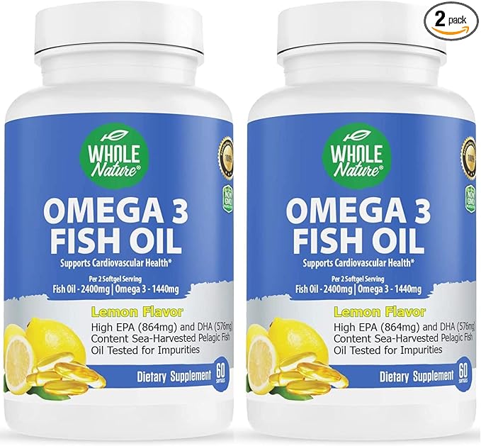 Omega 3 Fish Oil Supplements Maximum Strength 2400 mg Omega-3 1440mg Fish Oil EPA and DHA Fatty Acids Heart Brain &amp Immune Support for Women and Men. Natural Lemon Flavor 120ct (2)
