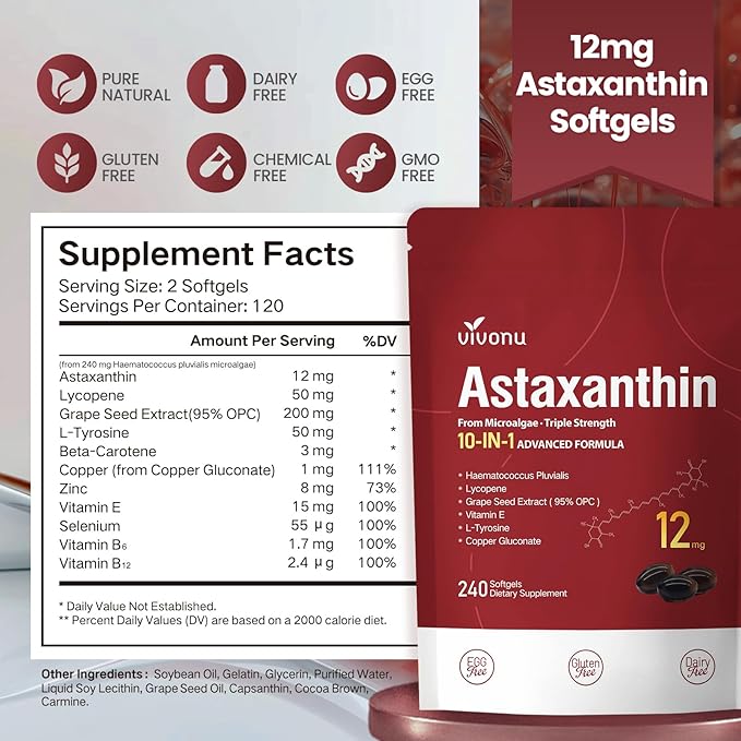10 in 1 Astaxanthin Supplements 12mg 12 Month Supply Astaxantina Antioxidant from Fresh Haematococcus Pluvialis Contains Lycopene Grape Seed Vitamin E More Supports Eye Joints Skin Health 3Bag