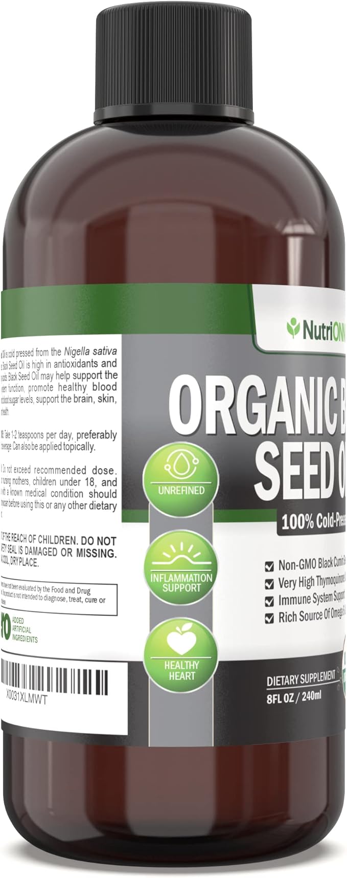 Organic Black Seed Oil - USDA Certified Organic Black Cumin Seed Oil Liquid – High Thymoquinone Content – Non-GMO and Cold-Pressed – Rich Source of Omega-6 &amp Omega-9 Fatty Acids - 8 Oz