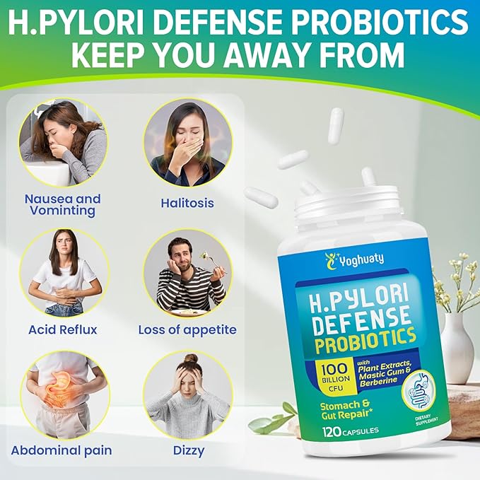 H. Pylori Defense Probiotics 100 Billion CFU - Lactobacillus Reuteri Mastic Gum Berberine Zinc Carnosine Green Tea for Digestive &amp Gut Health Stomach Comfort Vegan 120 Capsules