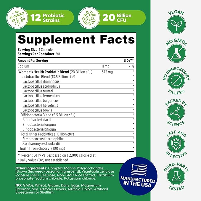 Probulin Womens Probiotic - Vaginal UT Gut &amp Immune Health with Lactobacillus Reuteri - 20 Billion CFU 12 Probiotic Strains &amp Prebiotics - 90 Vegan Gluten Free Capsules for Whole-Body Well