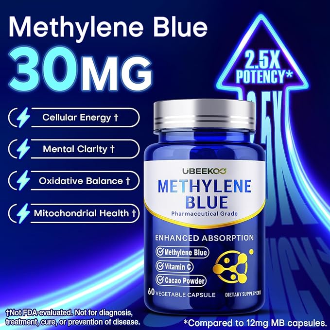 30mg Methylene Blue Capsules Pharmaceutical Grade Methylene Blue Supplement with Vitamin C and Organic Cacao 60 Vegan Capsules
