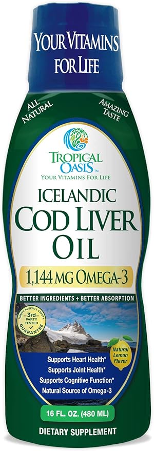 Tropical Oasis - Icelandic Cod Liver Oil | Maximum Strength 1144mg of Liquid Wild-Caught Natural Omega-3 Fish Oil (Lemon Flavor 90 Servings)
