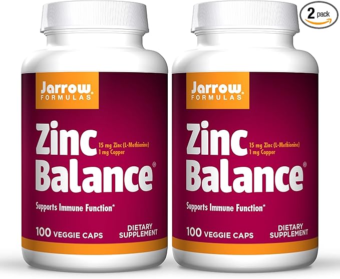 Jarrow Formulas Zinc Balance 15 mg - 100 Veggie Caps Pack of 2 - Immune Support - Includes Copper - 100 Count (Pack of 2)