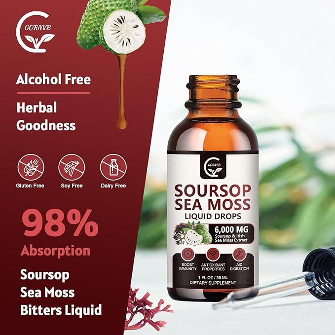(2 Pack) Soursop Graviola Liquid Drop Soursop Bitters Multivitamin Liquid with Sea Moss &amp Turmeric 98% Absorption for Cell Support &amp Regeneration Immune Boost and Liver 1 Fl Oz