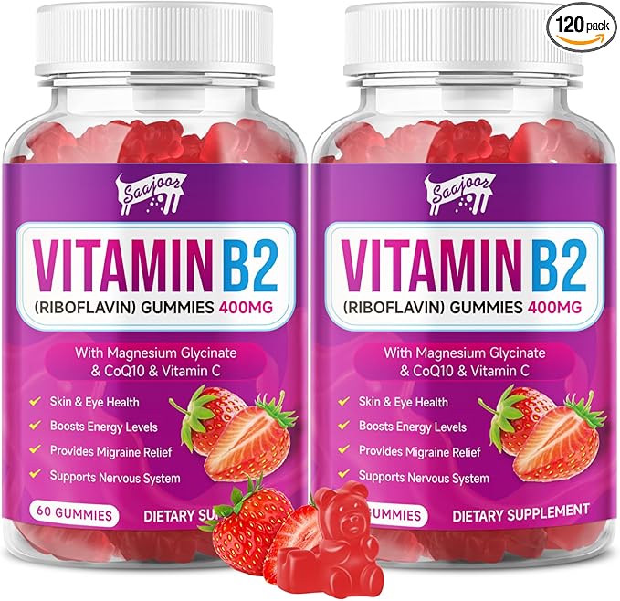 2 Pack Vitamin B2 Gummies- Riboflavin 400mg with Magnesium &amp CoQ10 &amp Vitamins for Kids &amp Adults Migraine Relief &amp Headache Relief - Strawberry Flavor 120 Gummies