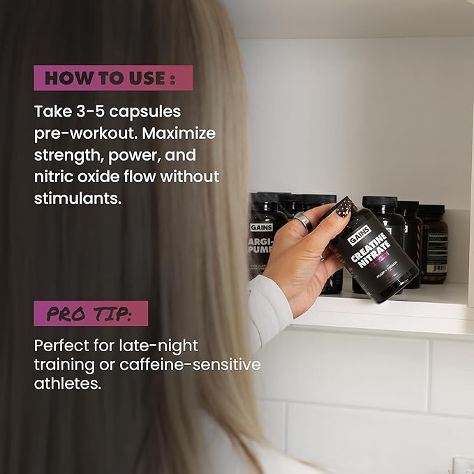 Gains in Bulk Crea-Nitric Creatine Nitrate Pre Workout Supplement Nitric Oxide Support Promotes Muscle Strength Pump and Non-Stim Energy Supplements for Men and Women Gluten Free 90 Capsules
