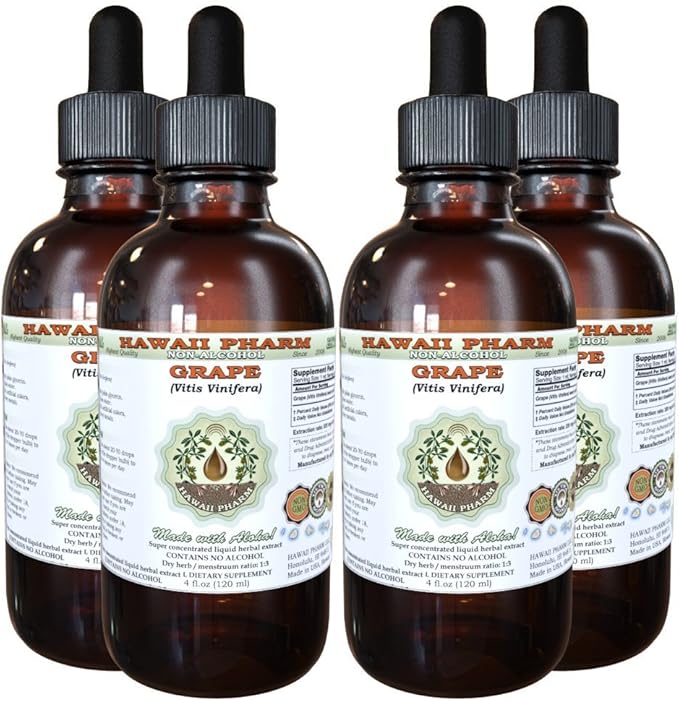 Hawaii Pharm Grape Alcohol-Free Liquid Extract Grape (Vitis Vinifera) Dried Seed Glycerite Natural Herbal Supplement 4x4 oz