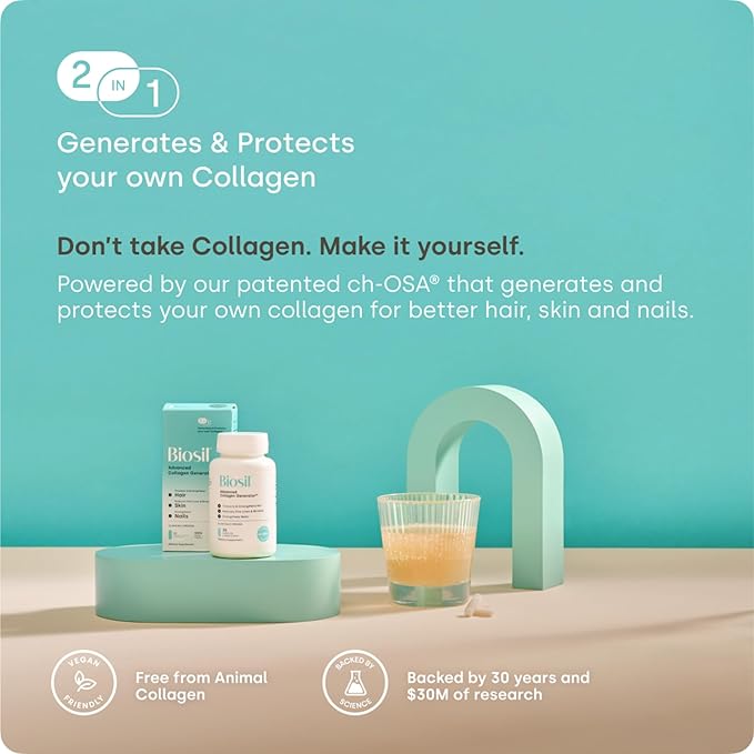Biosil Collagen Booster Supplement - 120 Original Capsules Pack of 2 - Patented ch-OSA Activator for Skin Hair Nails &amp Joints - Supports Natural Production - 120-Day Supply