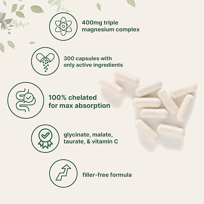 Micro Ingredients Pure Magnesium Complex 300 Capsules | Triple Magnesium Glycinate Malate Taurate with Vitamin C | 100% Chelated | Supports Muscles Nerves &amp Energy | Only Active Ingredients