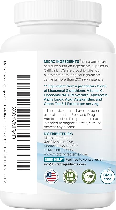 Micro Ingredients Liposomal Reduced Glutathione Complex 3000mg - 8‑in‑1 Advanced Glutathione Supplement with NAD Resveratrol Quercetin Alpha Lipoic Acid &amp Vitamin C - 120 Vegetarian Caps