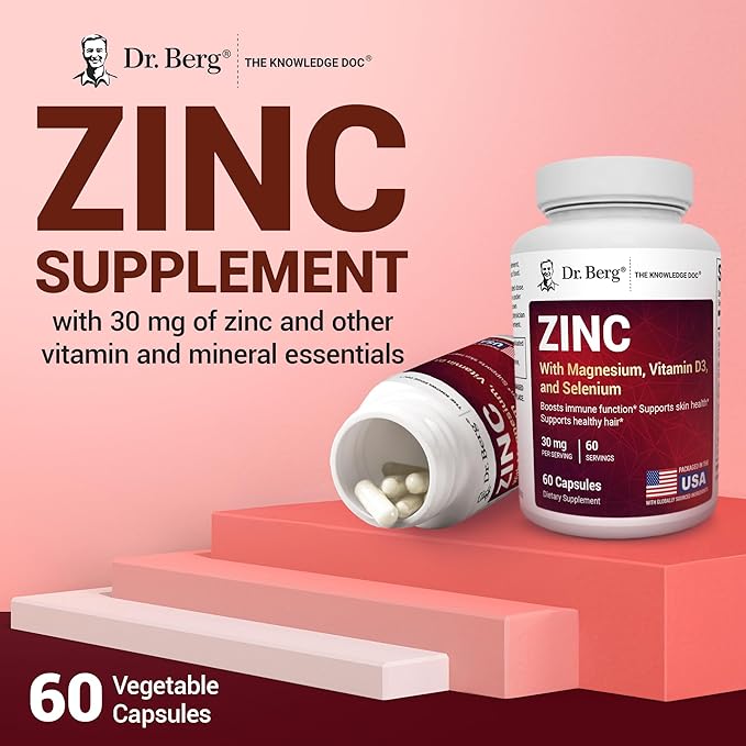 Dr. Berg Zinc 30mg Enhanced with Magnesium Vitamin D3 Selenium &amp Copper - Zinc Supplements for Men &amp Women - Chelated Zinc for Immune Skin Hair &amp Nails Support* - 60 Capsules