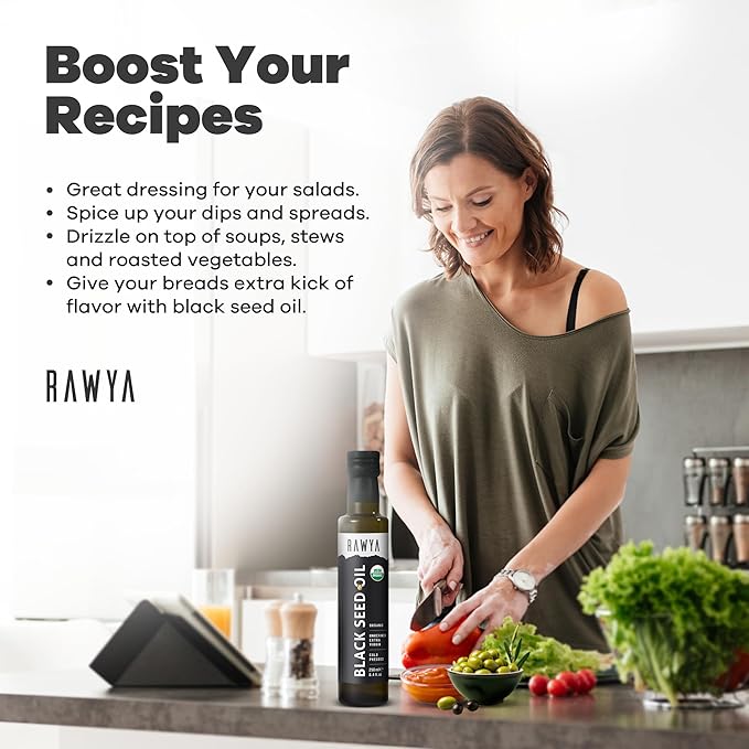 RAWYA Black Seed Oil - Organic Cold Pressed Nigella Sativa - Turkish Origin - USDA Organic - Natural Supplement - Black Cumin Seed Oil - Rich Flavor &amp High Concentration - 250ml Glass Bottle - 2 P