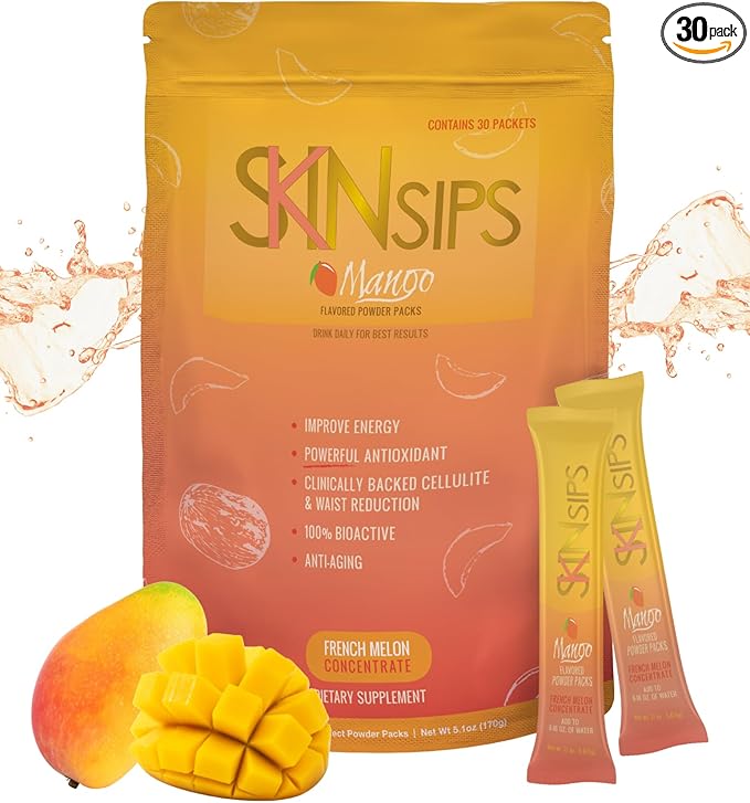 Skin Health &amp Energy Boost Drink Mix- Sugar Free SOD B (TM) Antioxidants from French Melon Concentrate On the Go Stick Packs Mango 30 Pack